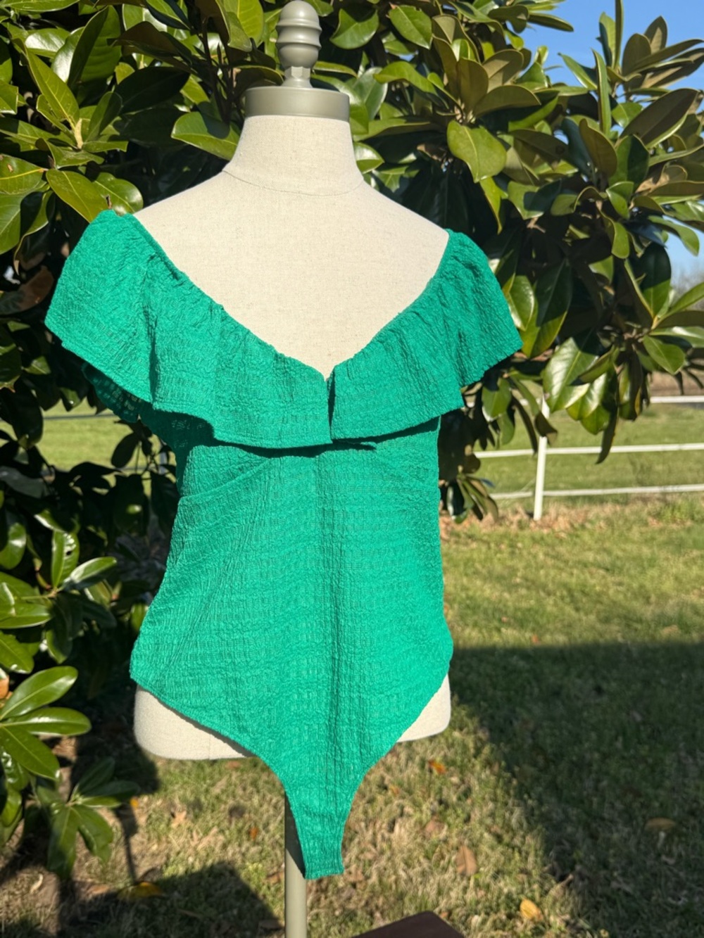 Francesca's Collections Emerald Green Ruffle Off-Shoulder Bodysuit